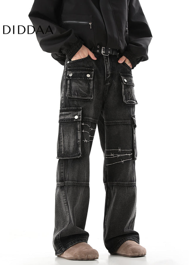 Dark Blue Heavy Industry Embroidery Cargo Jeans - Men’s Jeans