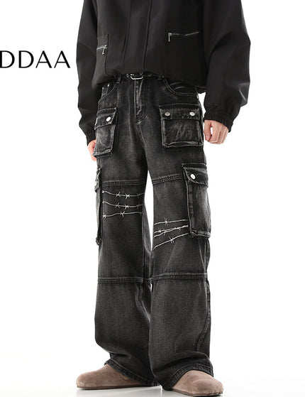 Dark Blue Heavy Industry Embroidery Cargo Jeans - S / Black - Men’s Jeans