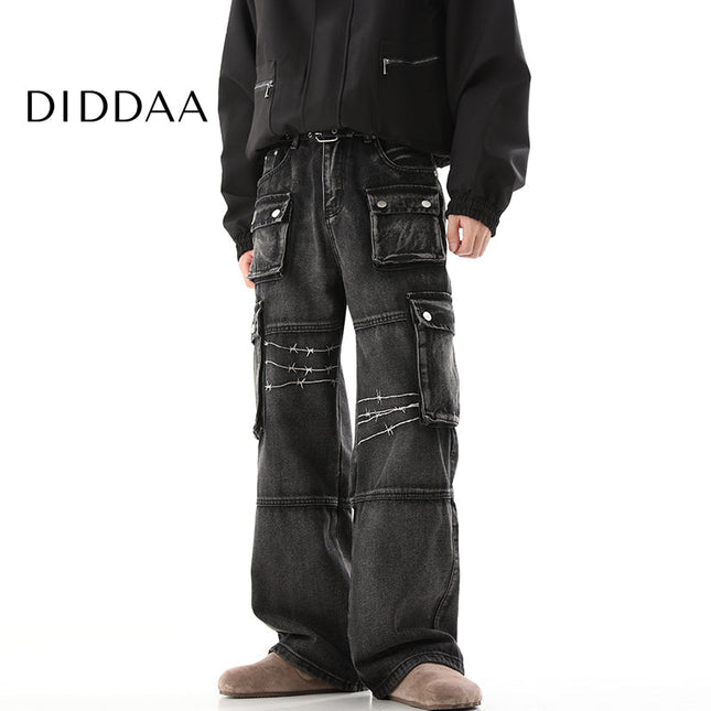 Dark Blue Heavy Industry Embroidery Cargo Jeans - S / Black - Men’s Jeans