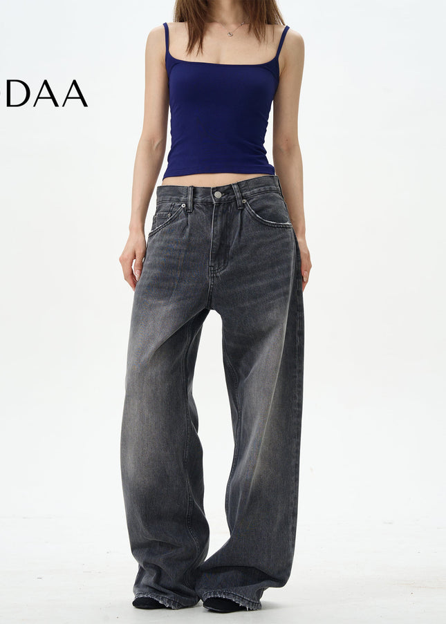 Dark Blue Loose Design Straight-Leg Mop Pants - S / Grey - Women’s Jeans