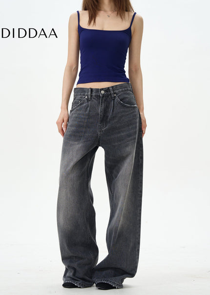 Dark Blue Loose Design Straight-Leg Mop Pants - Women’s Jeans