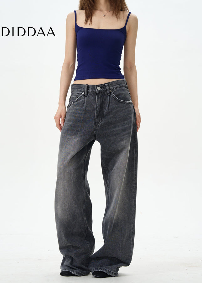 Dark Blue Loose Design Straight-Leg Mop Pants - Women’s Jeans