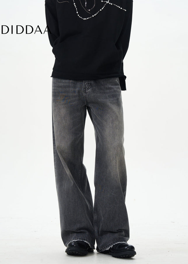 Dark Blue Loose Design Straight-Leg Mop Pants - Women’s Jeans