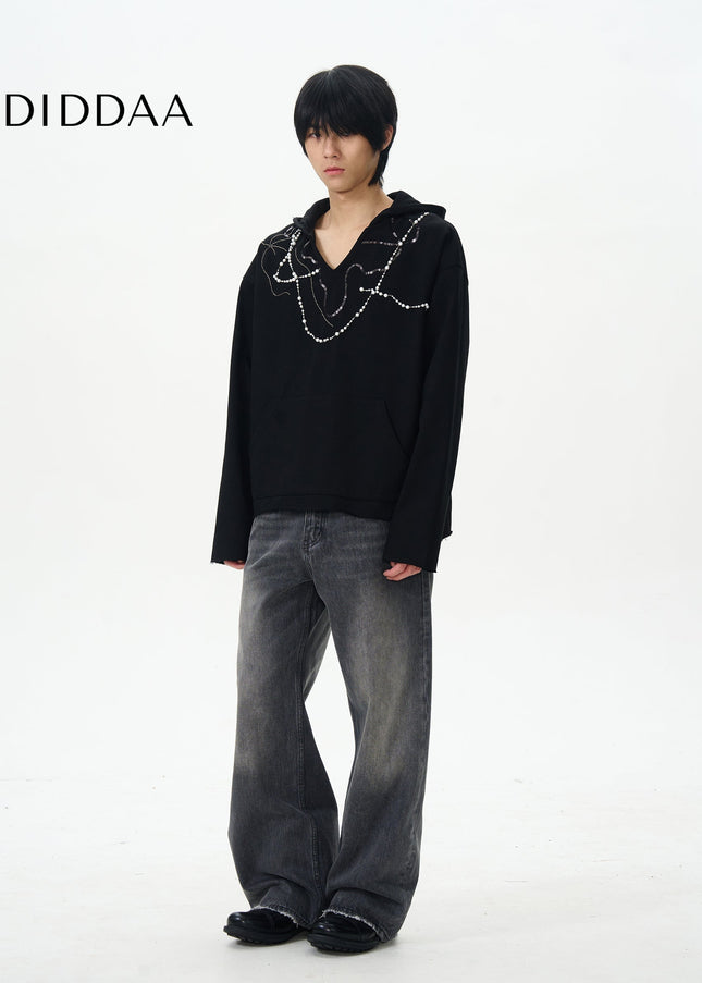 Dark Blue Loose Design Straight-Leg Mop Pants - Women’s Jeans