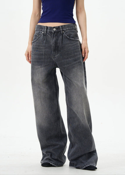 Dark Blue Loose Design Straight-Leg Mop Pants - Women’s Jeans