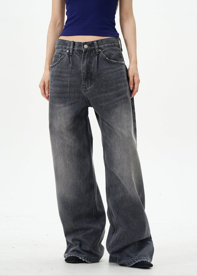 Dark Blue Loose Design Straight-Leg Mop Pants - Women’s Jeans
