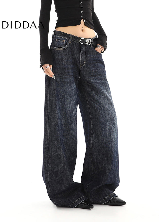 Dark Blue Loose Drape Wide-Leg Jeans for Women - Women’s Jeans