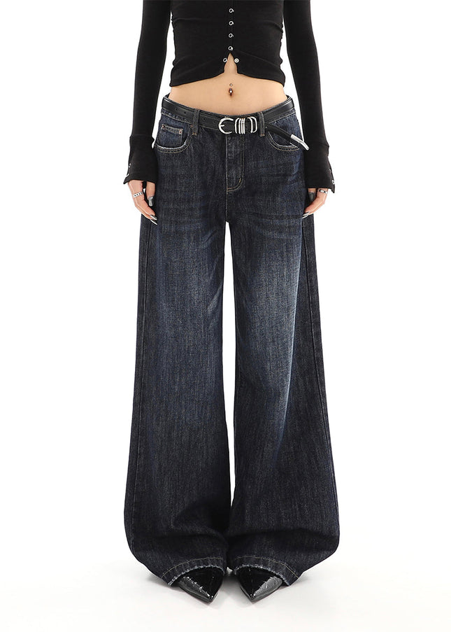 Dark Blue Loose Drape Wide-Leg Jeans for Women - Women’s Jeans