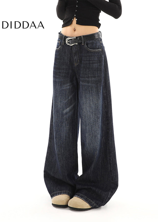 Dark Blue Loose Drape Wide-Leg Jeans for Women - Women’s Jeans