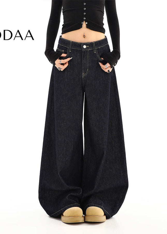 Dark Blue Loose Fit Straight Leg Jeans for Women - S / Black - Women’s Jeans