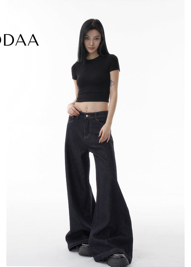 Dark Blue Loose Fit Wide Leg Fleece Jeans Women 2024 - Women’s Jeans