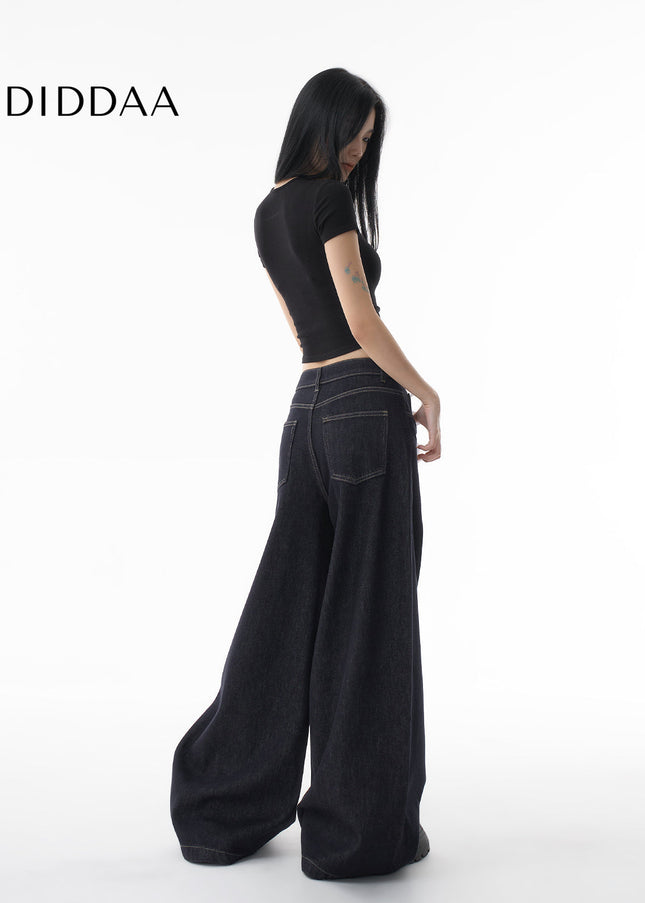 Dark Blue Loose Fit Wide Leg Fleece Jeans Women 2024 - Women’s Jeans