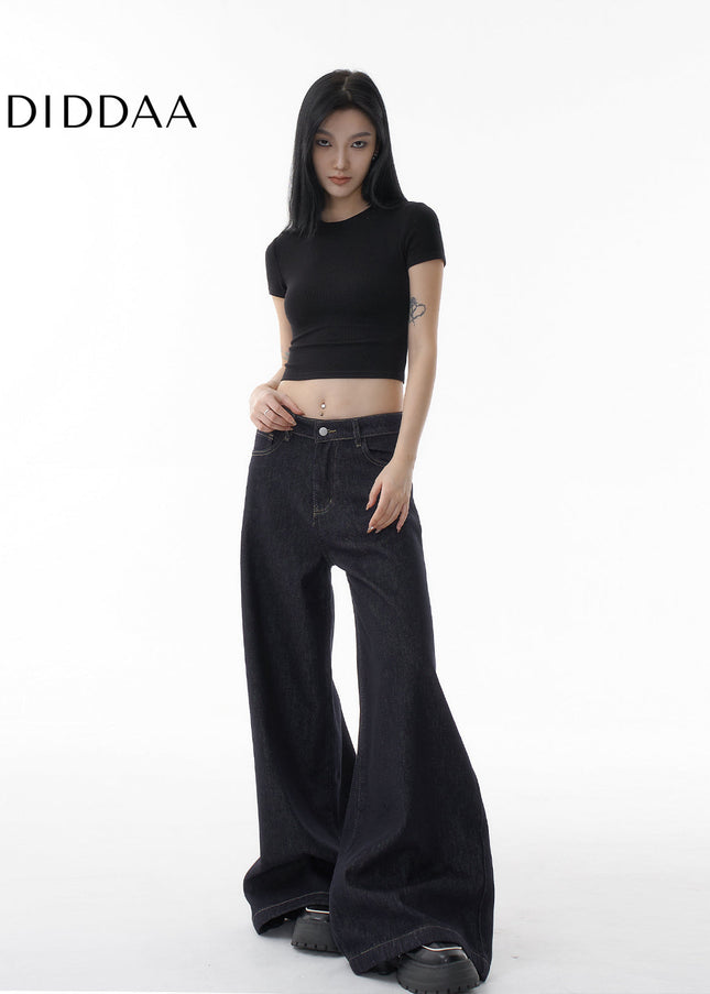 Dark Blue Loose Fit Wide Leg Fleece Jeans Women 2024 - Women’s Jeans