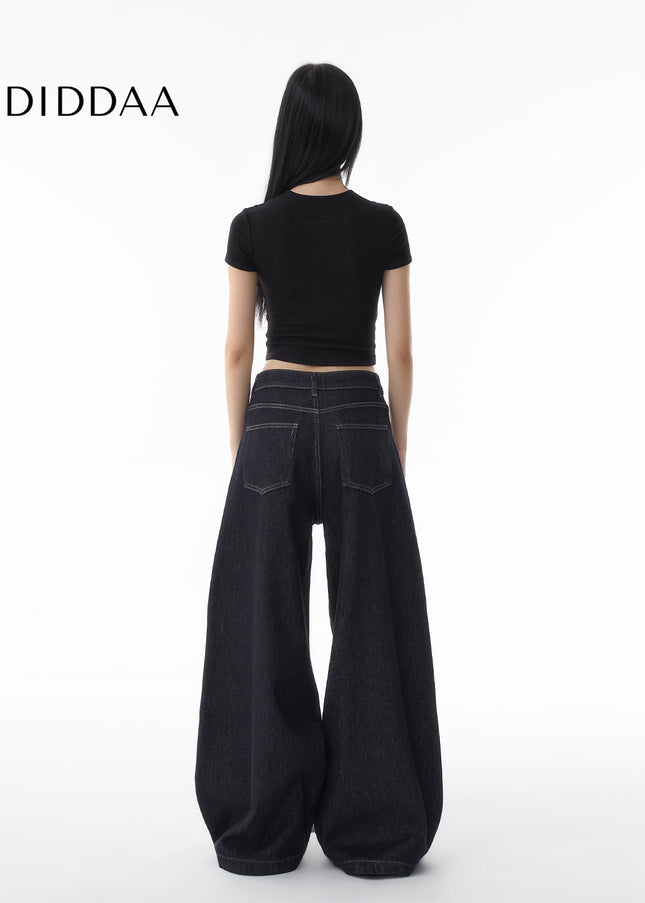 Dark Blue Loose Fit Wide Leg Fleece Jeans Women 2024 - Women’s Jeans