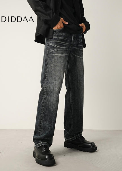 Dark Blue Rugged Whiskering Stretch Jeans - Men’s Jeans