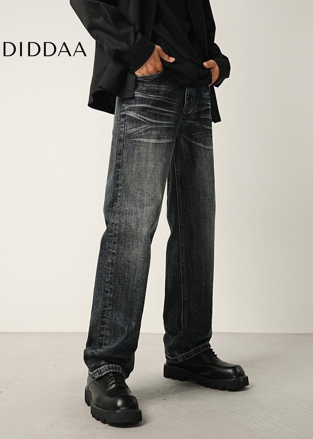 Dark Blue Rugged Whiskering Stretch Jeans - Men’s Jeans