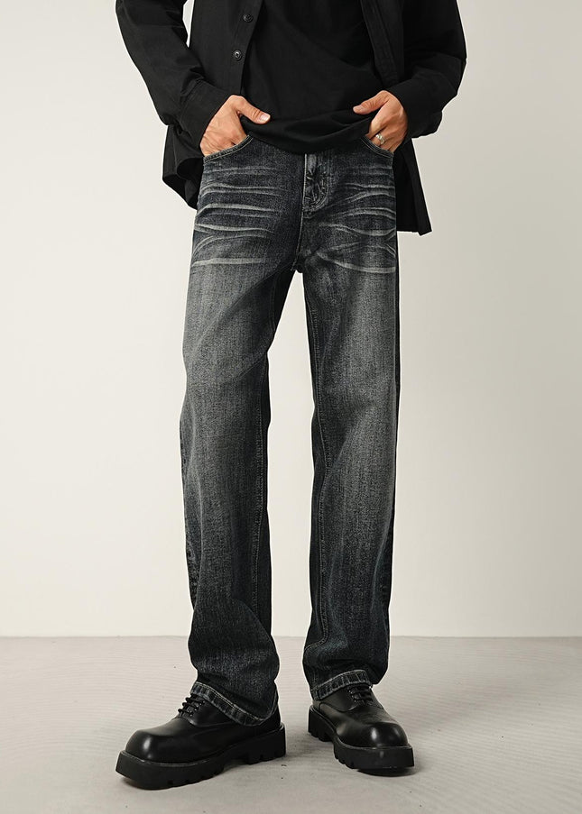 Dark Blue Rugged Whiskering Stretch Jeans - Men’s Jeans