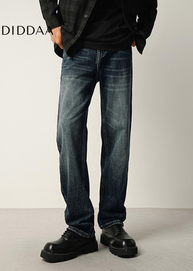 Dark Blue Stretch Loose Straight Leg Jeans - Men’s Jeans