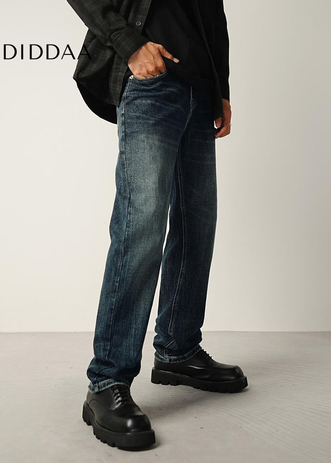 Dark Blue Stretch Loose Straight Leg Jeans - Men’s Jeans