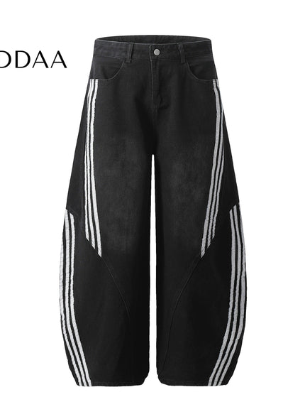 Dark Blue Striped Splicing Wide Leg Jeans - Black / S - Men’s Jeans