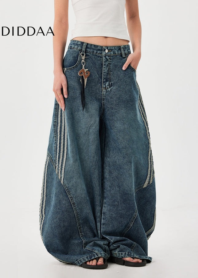 Dark Blue Striped Splicing Wide Leg Jeans - Men’s Jeans