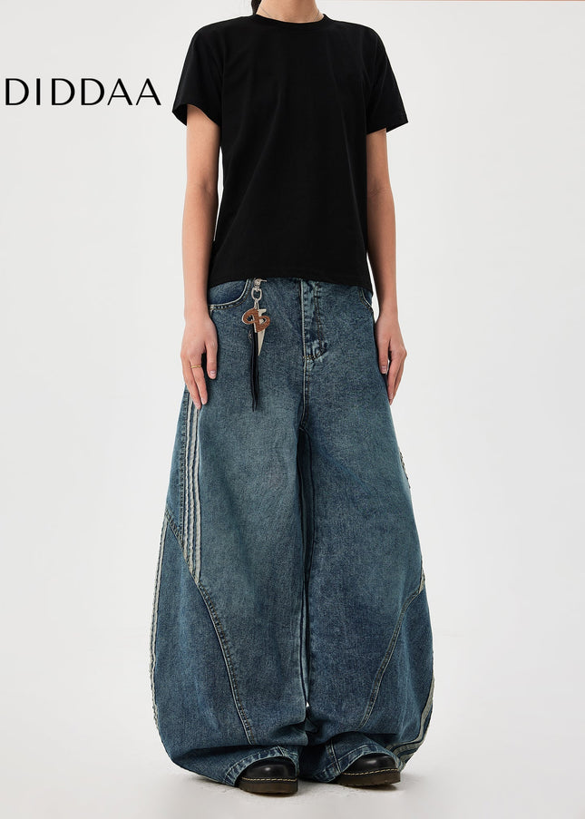 Dark Blue Striped Splicing Wide Leg Jeans - Men’s Jeans