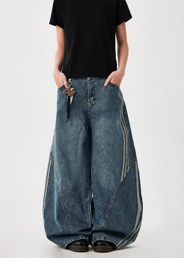 Dark Blue Striped Splicing Wide Leg Jeans - Men’s Jeans