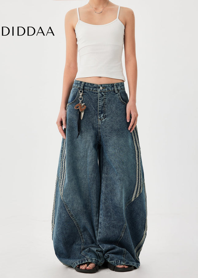Dark Blue Striped Splicing Wide Leg Jeans - Men’s Jeans