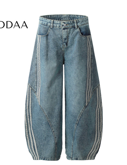 Dark Blue Striped Splicing Wide Leg Jeans - Mid Blue / S - Men’s Jeans