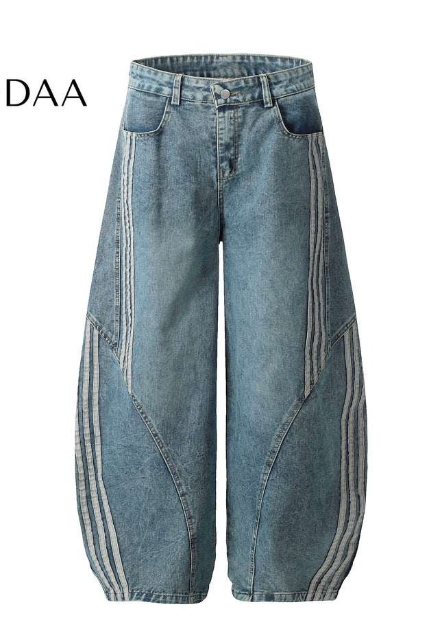 Dark Blue Striped Splicing Wide Leg Jeans - Mid Blue / S - Men’s Jeans