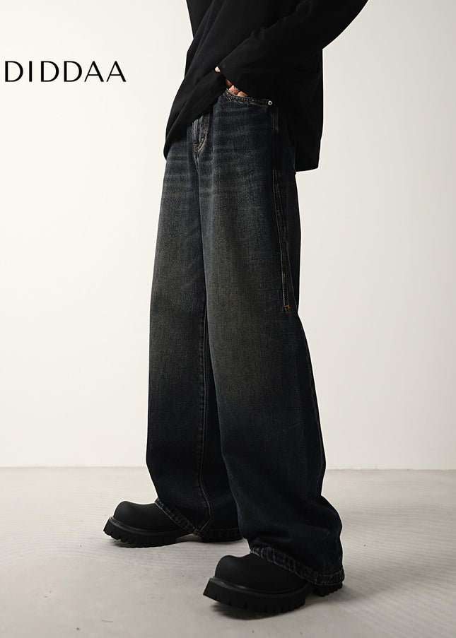 Dark Blue Vintage Distressed Wide-Leg Jeans - Men’s Jeans