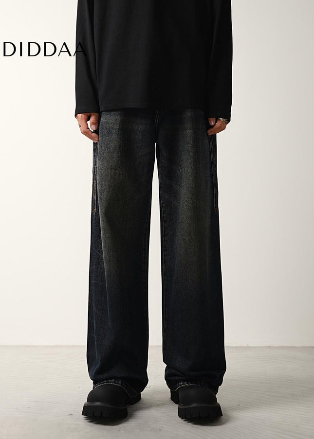 Dark Blue Vintage Distressed Wide-Leg Jeans - Men’s Jeans