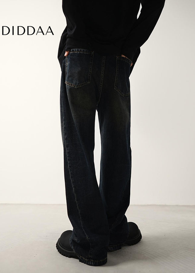 Dark Blue Vintage Distressed Wide-Leg Jeans - Men’s Jeans