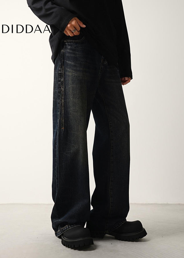 Dark Blue Vintage Distressed Wide-Leg Jeans - Men’s Jeans