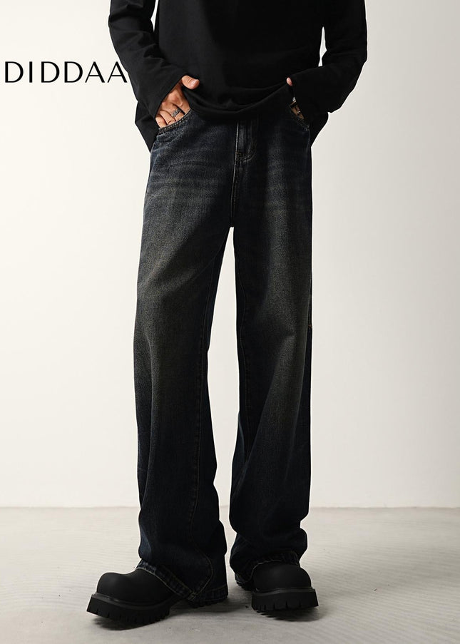 Dark Blue Vintage Distressed Wide-Leg Jeans - Men’s Jeans