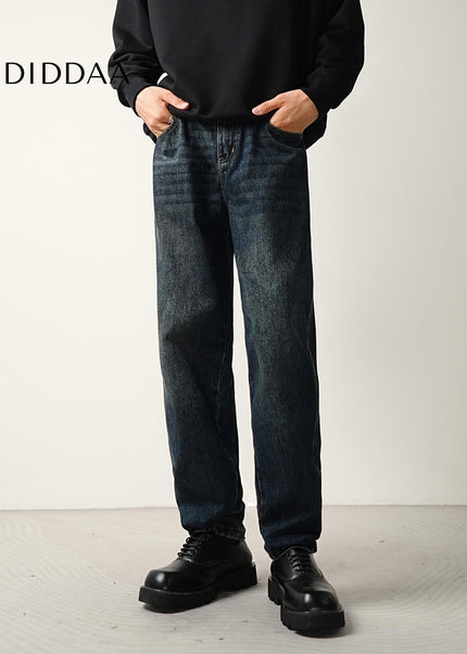 Dark Blue Washed Loose Fit Straight Jeans for Men - Men’s Jeans