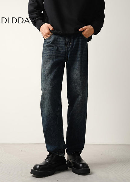 Dark Blue Washed Loose Fit Straight Jeans for Men - Men’s Jeans