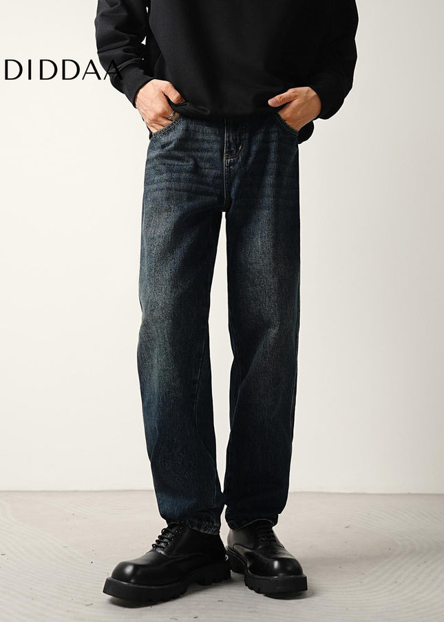 Dark Blue Washed Loose Fit Straight Jeans for Men - Men’s Jeans