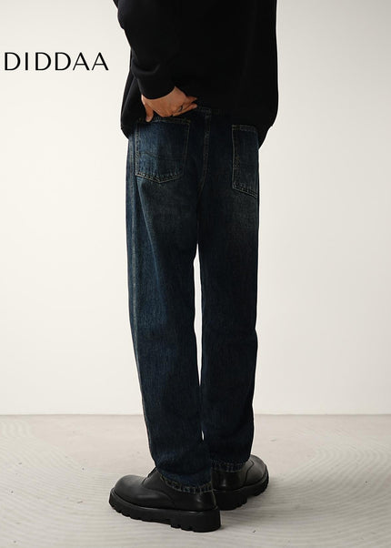 Dark Blue Washed Loose Fit Straight Jeans for Men - Men’s Jeans