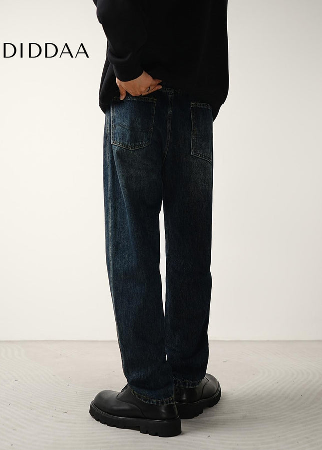 Dark Blue Washed Loose Fit Straight Jeans for Men - Men’s Jeans