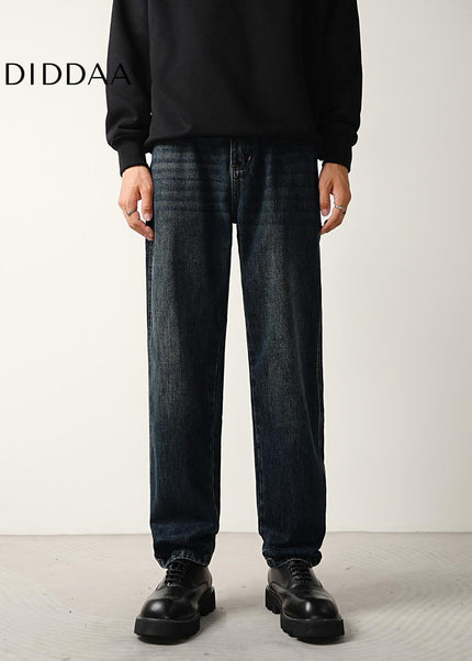 Dark Blue Washed Loose Fit Straight Jeans for Men - Men’s Jeans