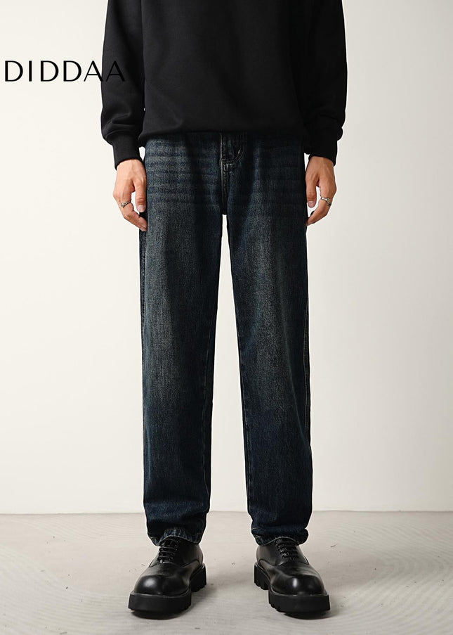 Dark Blue Washed Loose Fit Straight Jeans for Men - Men’s Jeans