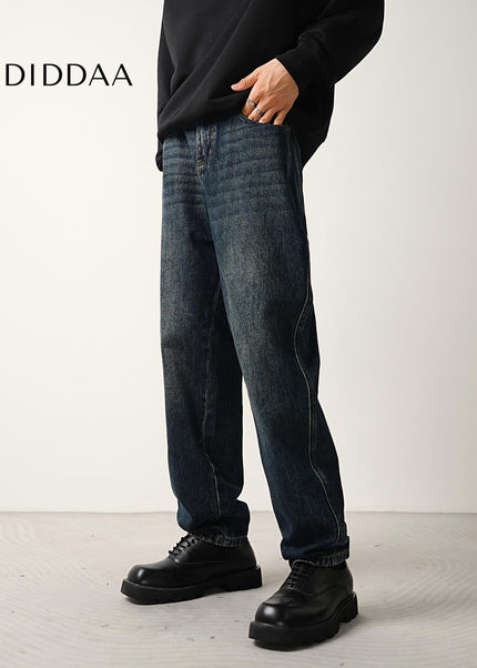 Dark Blue Washed Loose Fit Straight Jeans for Men - Men’s Jeans