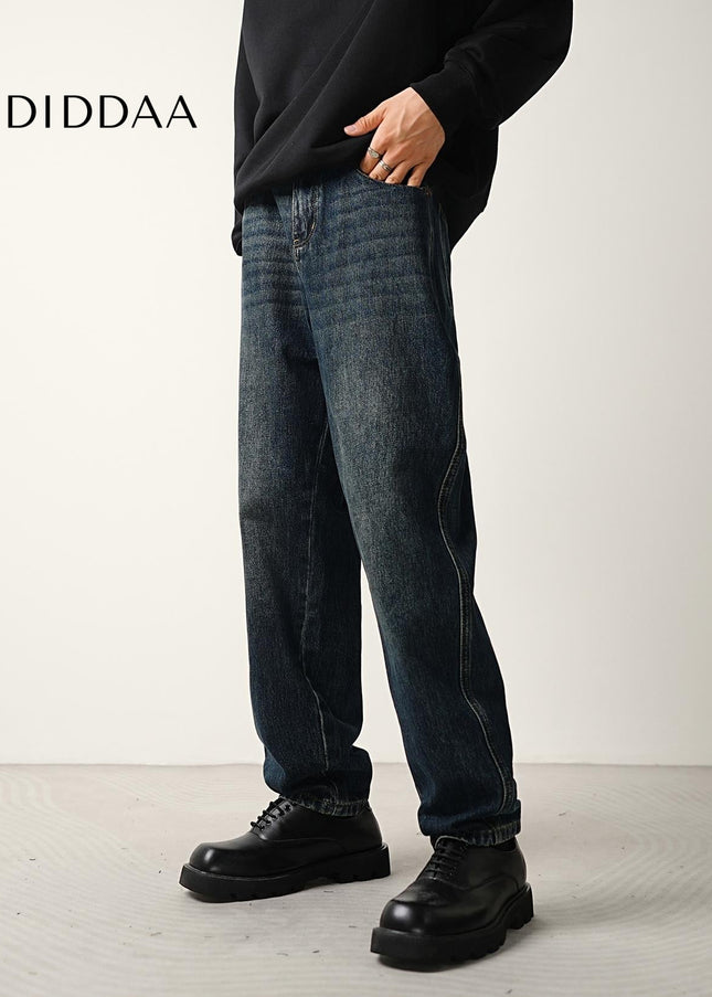 Dark Blue Washed Loose Fit Straight Jeans for Men - Men’s Jeans