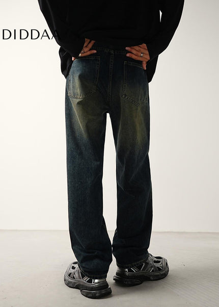 Dark Vintage Blue Distressed Loose Straight Jeans - Men’s Jeans