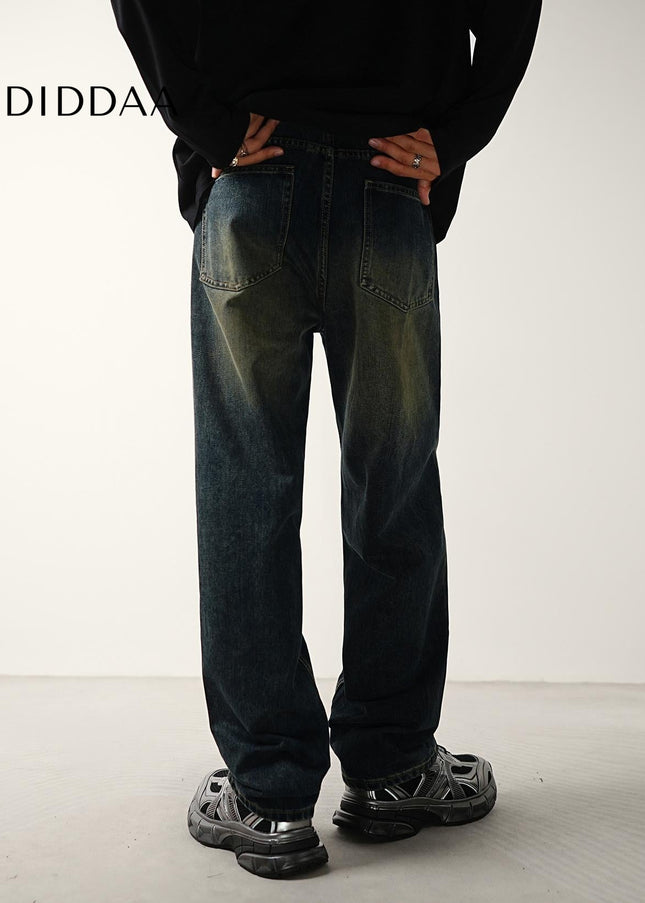 Dark Vintage Blue Distressed Loose Straight Jeans - Men’s Jeans