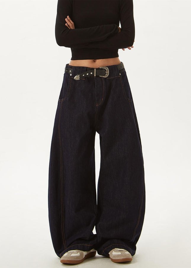 Deep Blue Curved Blade Wide Leg Baggy Jeans - Men’s Jeans