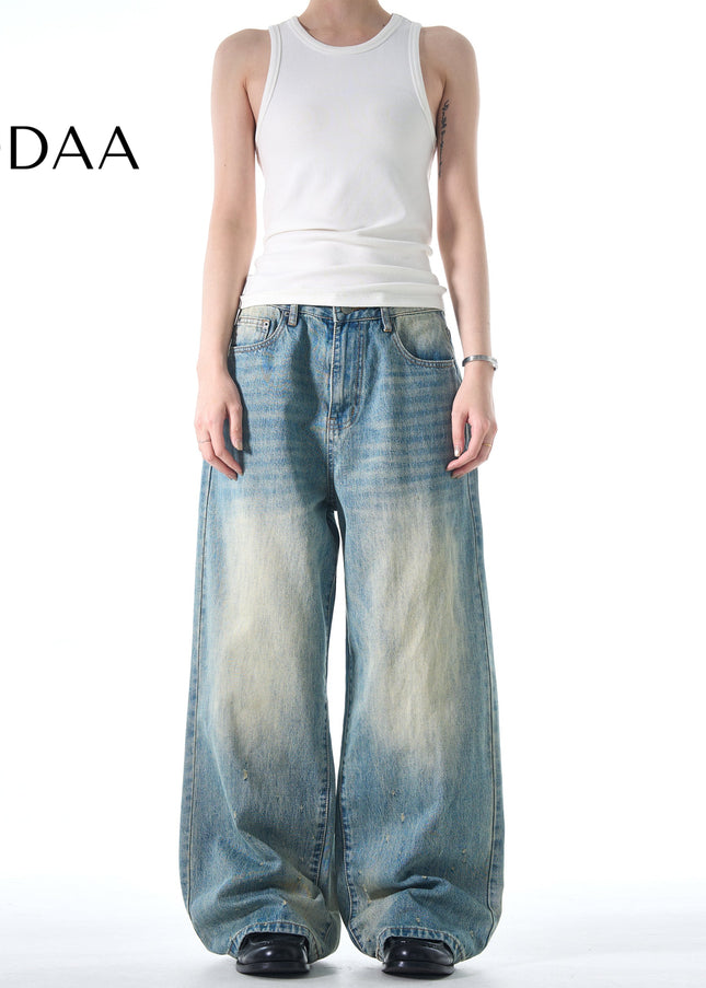 Denim Retro Frayed Design Loose Fit Straight-Leg Jeans - S / Mid Blue - Men’s Jeans