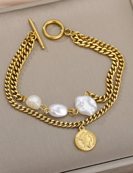 Devant Bracelet | Gold Pearl Coin Chain Link Women’s Bracelet - Gold - Bracelets