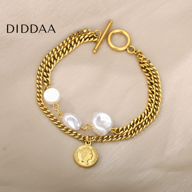 Devant Bracelet | Gold Pearl Coin Chain Link Women’s Bracelet - Gold - Bracelets